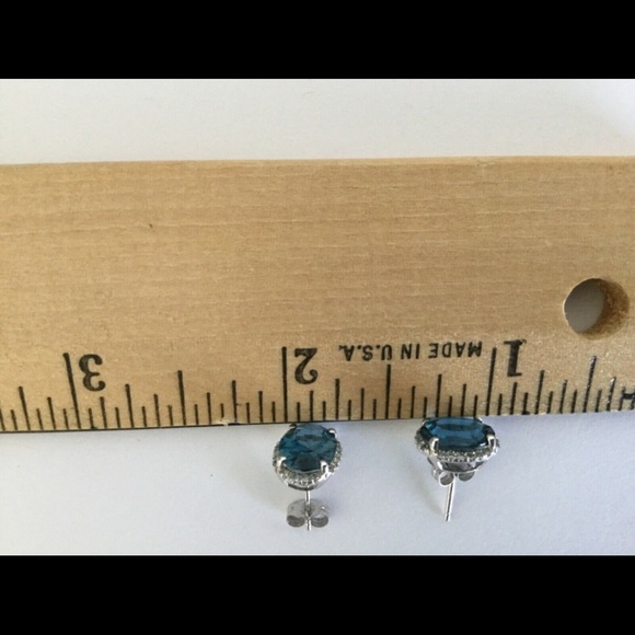 14K White Gold London Blue Topaz and Diamonds Oval Stud Earrings - Picture 9 of 12